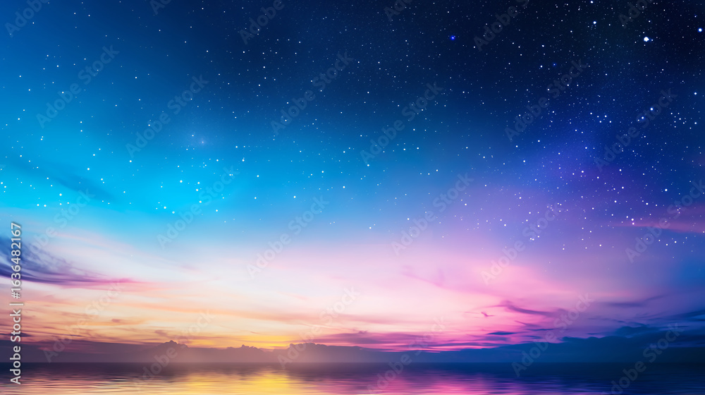 Fototapeta premium Stunning night sky filled with stars, showcasing gradient of colors from deep blue to vibrant pink and purple, reflecting on calm waters
