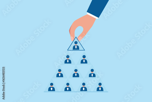 Hand selecting the top person from a pyramid of employees