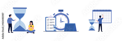 Man presenting time management with large hourglass. Time management checklist with stopwatch and calendar. Man marking calendar next to hourglass, time management concept set of vector illustration.