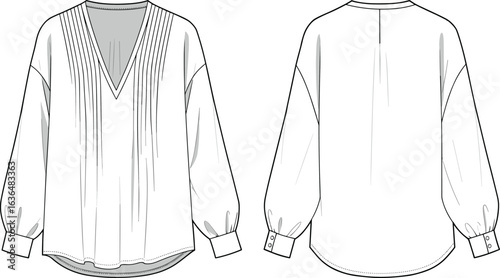 Fashionable women's blouse design, CAD drawing, flat vector illustration, front and back view, sewing pattern, stylish garment, trendy blouse