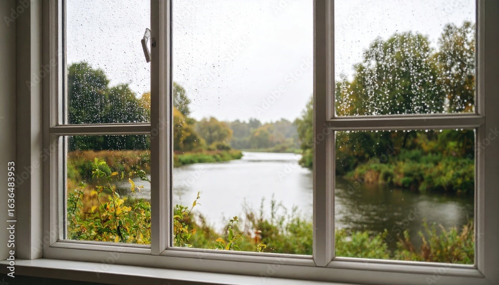 Obraz premium Rainy Day View Of River Through Window