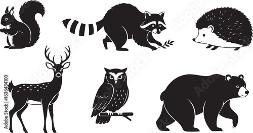 Black silhouette collection of forest animals including a squirrel, raccoon, hedgehog, deer, owl, and bear
