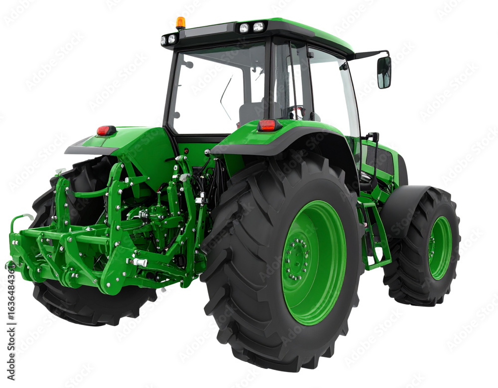 Obraz premium Green Tractor Angled Rear View with Attached Plow, Isolated on White Background