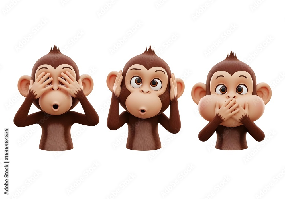 Fototapeta premium 3D cartoon three wise monkeys with expressive faces in see no evil hear no evil speak no evil pose referencing Nikko monkeys isolated on white background