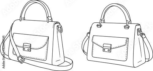Stylish handbag design, fashion accessory, vector illustration, detailed line art, trendy bags, shoulder strap, flap pocket, cad drawing flat vector illustration