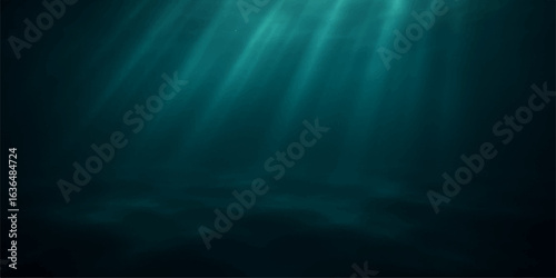 Deep dark blue rays of sunlight motion across the textured ocean floor