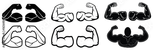 Muscles icon set, strong arm of an athlete, Linear Hand icons, biceps icons, Bodybuilding and fitness concept, on a white background, vector illustration