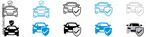 Vehicle insurance icons in line and flat style. Car with shield protection and check mark or tick symbol. Vector illustration
