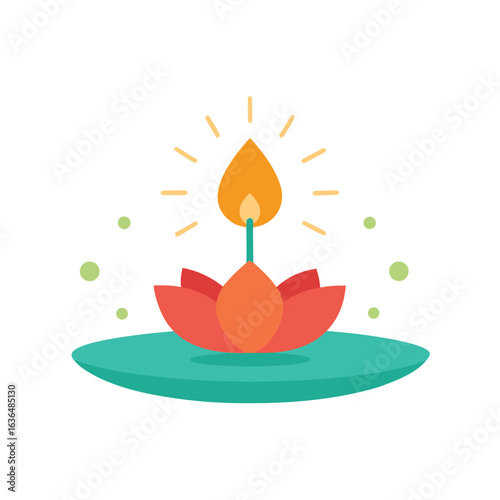 Diya lamp floating on lotus pond with sparkling fireworks above vector art illustration