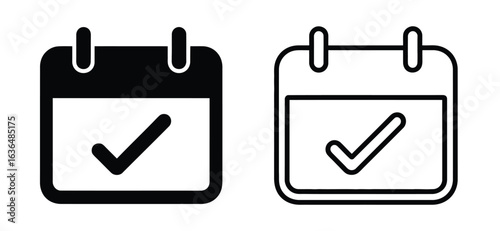 Vector art of two calendar icons, one solid black and one outlined, both with a check mark, isolated on white background, symbolizing scheduling, appointments, and completed tasks