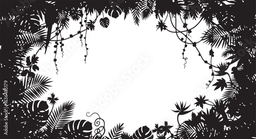 Black Silhouette Border of Tropical Jungle Plants and Vines on White Background leaves