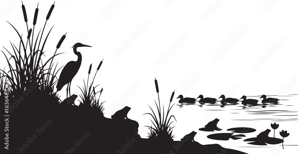 Obraz premium Silhouette of a heron and frogs on a bank with ducks swimming in a pond on white background