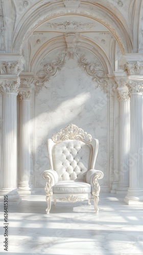 Elegant ornate white armchair bathed in soft sunlight within a grand classical architectural setting