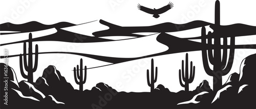 Silhouette of a desert landscape with cacti, mountains, dunes and a bird of prey on white background