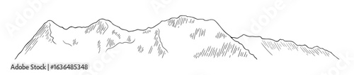 Line drawing Swiss Alps silhouette sketch. Hand drawn panorama landscape, contour of a mountain range.