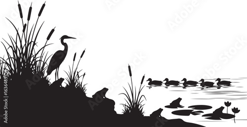 Silhouette of a heron and frogs on a bank with ducks swimming in a pond on white background