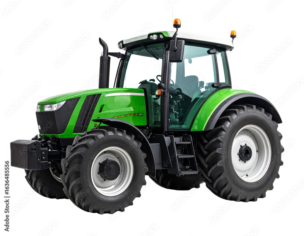 Obraz premium Side Profile of Modern Green Tractor with Visible Engine Details, Isolated on White