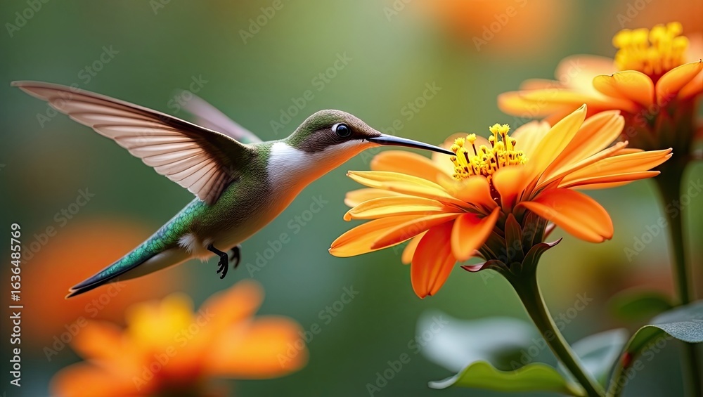 Fototapeta premium A hummingbird feeds from an orange flower.
