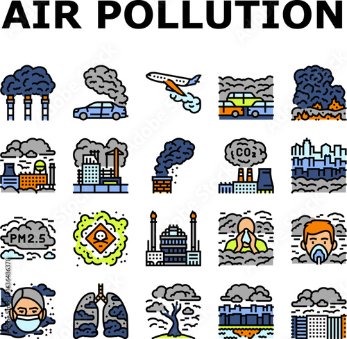 air pollution smog emissions icons set vector