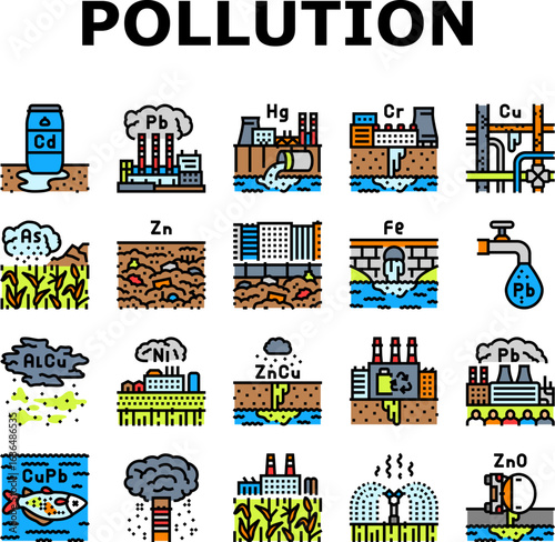 heavy metal pollution icons set vector