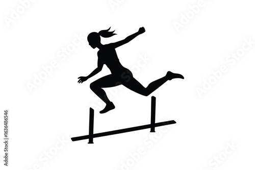 Female Athlete Jumping Over Hurdle Obstacle in Track and Field Silhouette