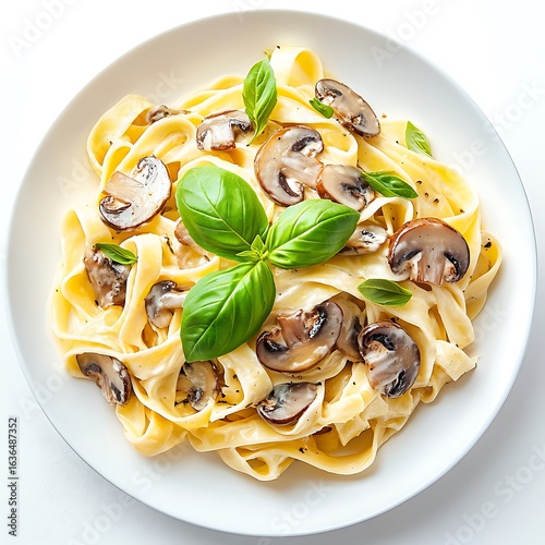 Creamy fettuccine alfredo with mushrooms and basil isolated on white background