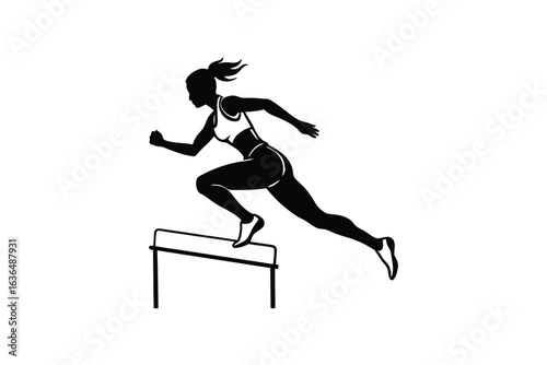 Female Athlete Jumping Over Hurdle in Track and Field Competition with Silhouette Style silhouette