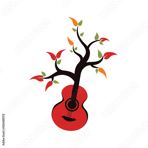 Flamenco guitar blossoming with passionate note shaped leaves vector art illustration