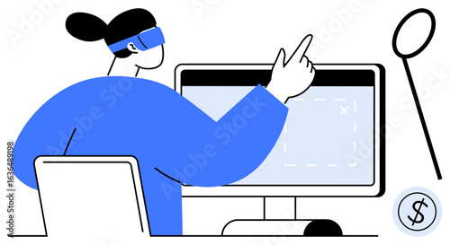 Female wearing VR headset engaging with desktop interactive screen, money and search element nearby. Ideal for technology, innovation, finance, digital tools, productivity, future concepts, simple