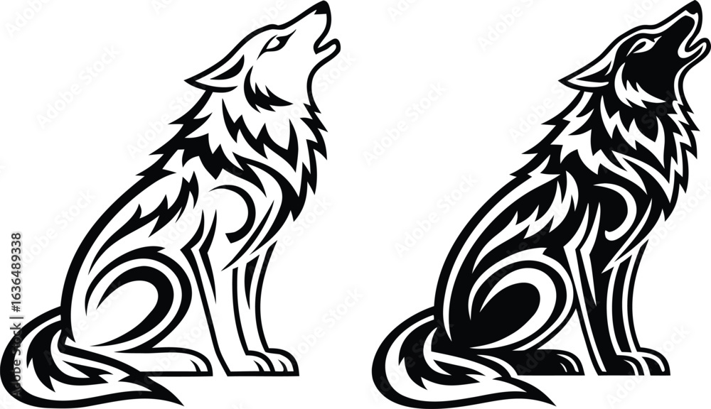Naklejka premium Howling Wolf Silhouette with Tribal Pattern Design