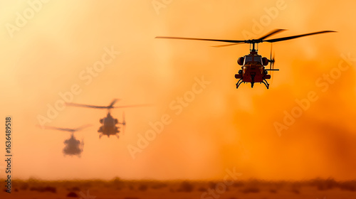 Military helicopters flying through dusty landscape, creating dramatic scene with orange hues and sense of motion
