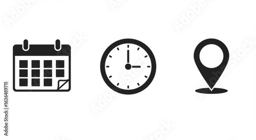 Vector art of calendar, clock, and location pin icons isolated on white background