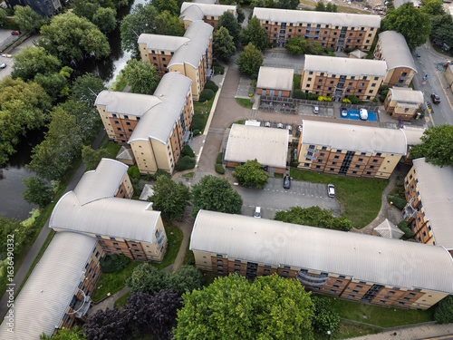 Drone shot of multi-storey university halls of residence / Student Accommodation at Leeds Clarence Docks, West Yorkshire