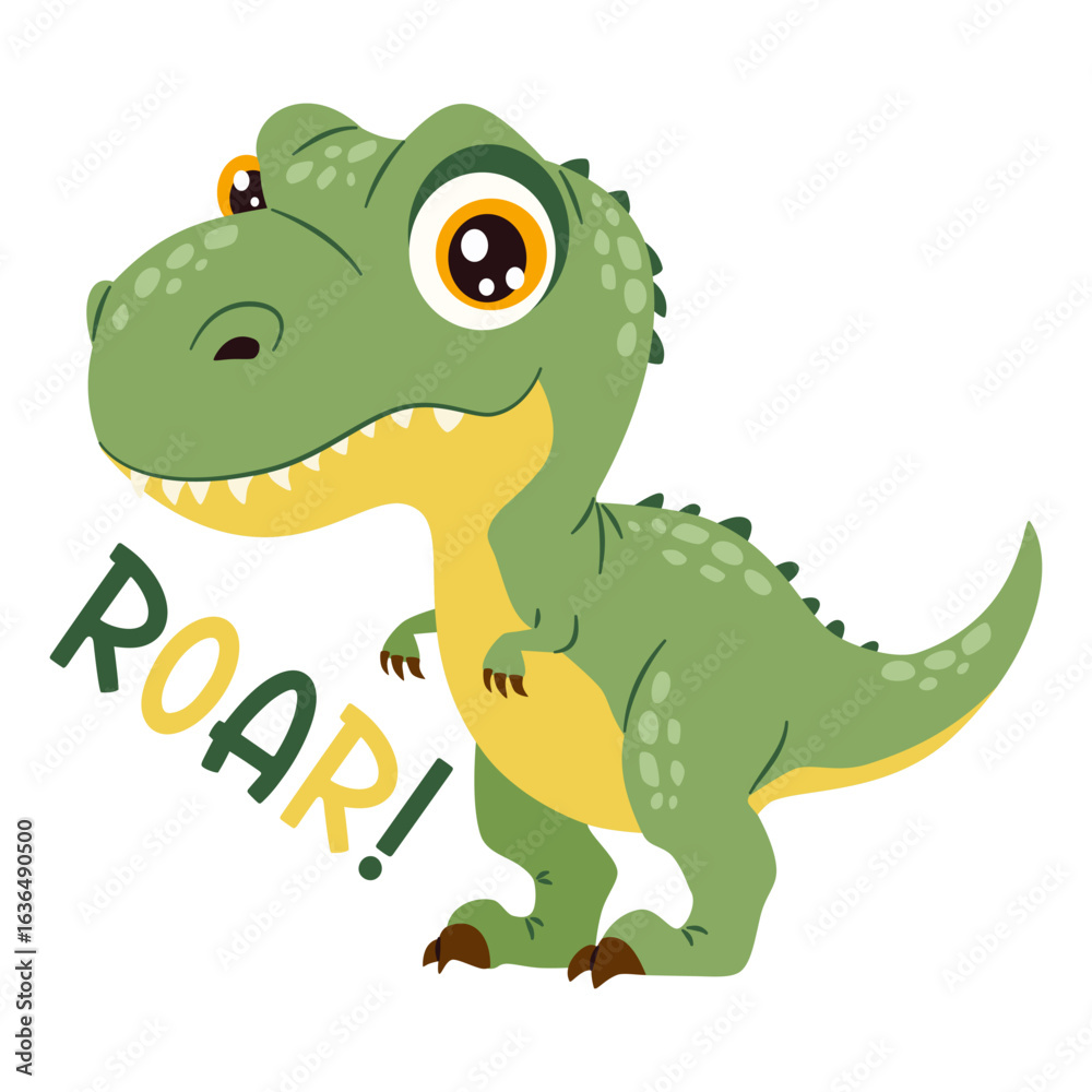 Obraz premium Vector illustration in a childlike style on a white background. A cute terranosaurus with the inscription roar Vector illustration