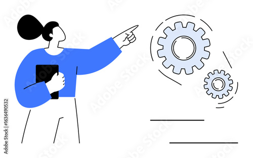 Woman holding folder while pointing towards interconnected gears, representing teamwork, planning, process design, innovation, development, problem-solving, and strategy. Ideal for simple flat