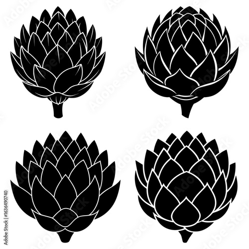Four stylized artichoke illustrations in black and white with a simple and clean design style