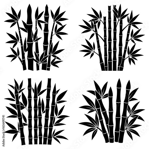 Four groupings of bamboo stalks with leaves in black silhouette on a white background in a square format