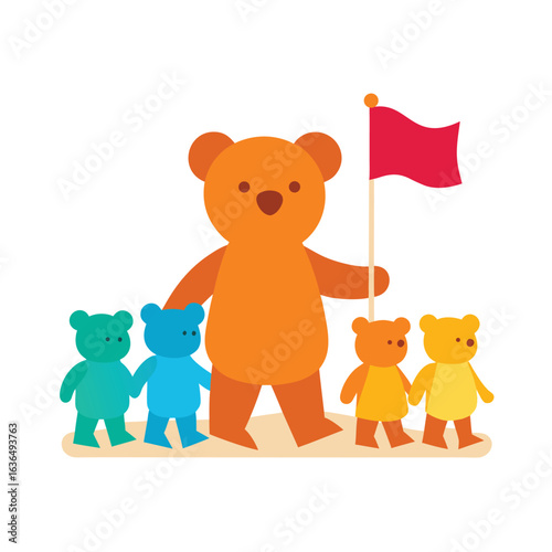 Giant teddy bear parade with children waving joyful flags vector art illustration