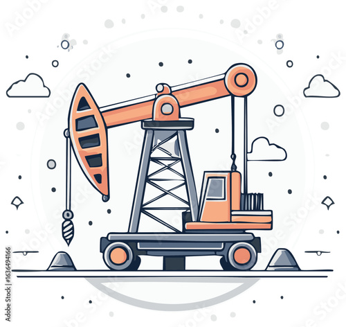 Oil Well Derrick Pump Illustration: Extracting Crude Petroleum with Pumping Unit