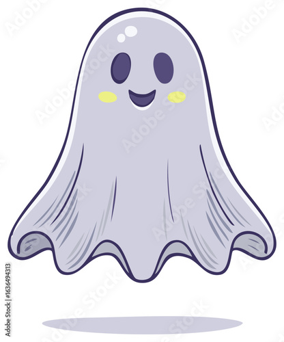 Cute Cartoon Ghost Character Floating with Happy Expression and Blushing Cheeks