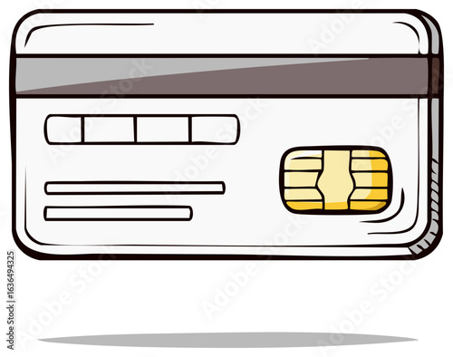 Cartoon drawing of a white payment card featuring an EMV chip and magnetic stripe for secure online transactions and banking finance concepts