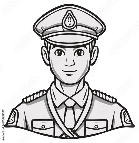 Illustration of a police officer in uniform, head and shoulders portrait