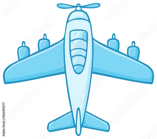 Cartoon Airplane Graphic Above View Light Blue with Propeller and Wings for Children