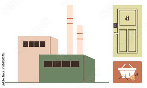Factory building with smokestacks, locked access door, shopping basket with upward arrow. Ideal for economy, technology, security, industrial growth, e-commerce, manufacturing simple flat metaphor