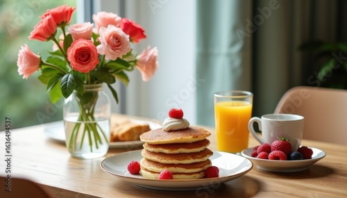 Wallpaper Mural A wooden table set for a special Mother's Day breakfast with pancakes fresh fruit a glass of orange juice and a small flower arrangement arranged neatly with love and attention to detail Torontodigital.ca
