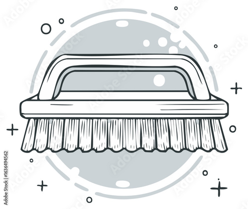 Illustration of a scrubbing brush with a handle, with abstract bubbles around it.