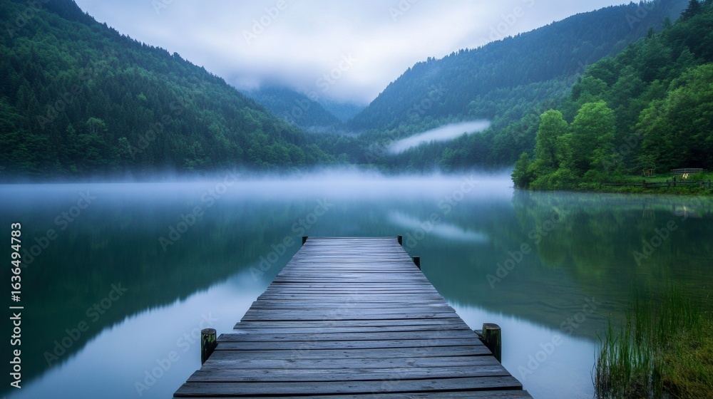 Serene Foggy Lake with Wooden Pier Surrounded by Green Mountains Serene Foggy Lake with Wooden Pier Surrounded by Green Mountains