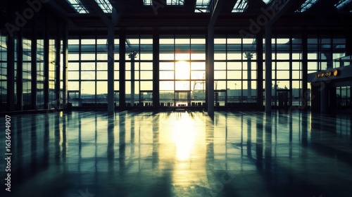 Serene Interior of Modern Airport Terminal with Sunlight Reflection