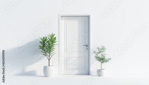 Simple Monochrome Pastel Door And Window With Plant  Illuminated With Soft Light And Ample Copy Space. High-Quality Rendering For Websites  Presentations  Or Picture Frames.