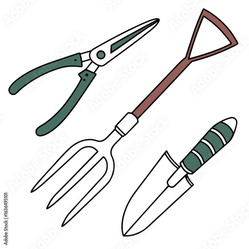 A minimalist flat illustration of gardening tools including pruning shears a hoe and a roller